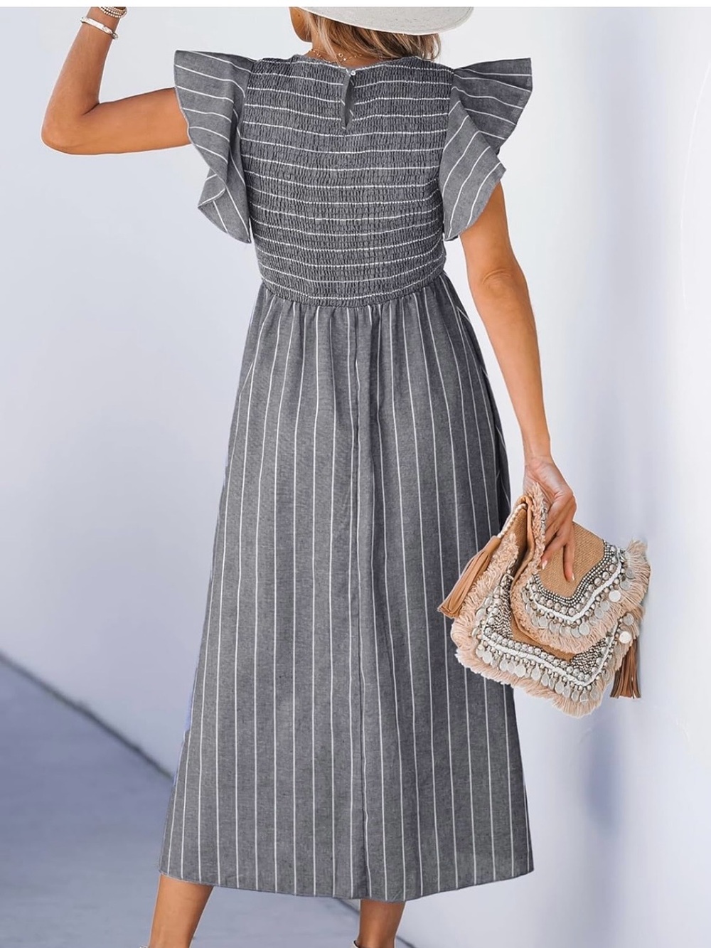 Gray Stripe Flutter-Sleeve Midi Dress - Picture 3 of 6
